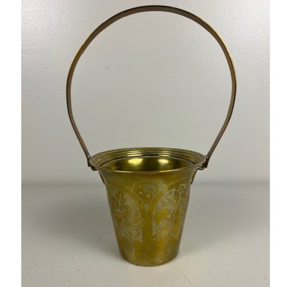 Vintage Hand Etched Brass Bucket with Handle Floral Bird Fruit Design‎ 4 inch